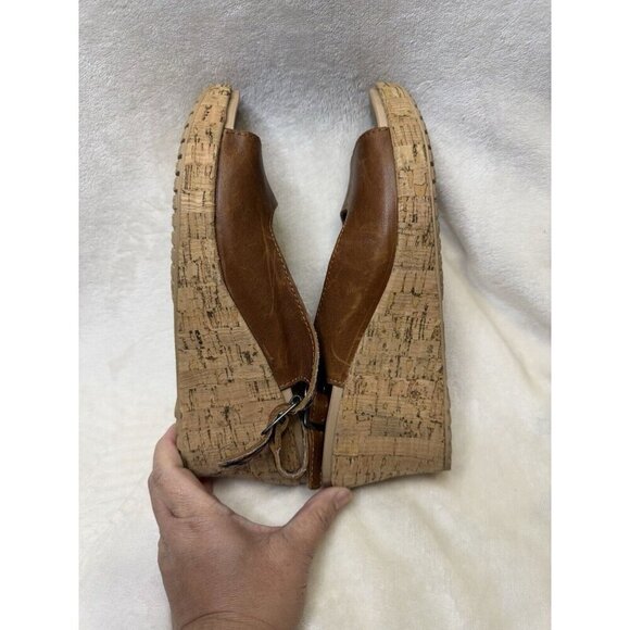 CROCS A-Leigh Brown Leather Slingback Strap Cork Wedge Sandals Size 10 - Picture 10 of 12
